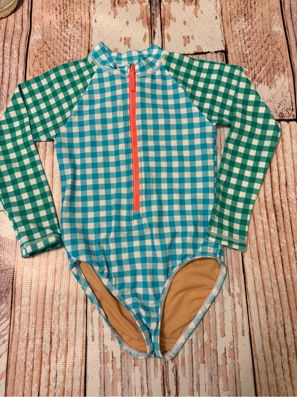 Kids Long Sleeve Gingham Rash Guard Swimsuit - Blue & Green
